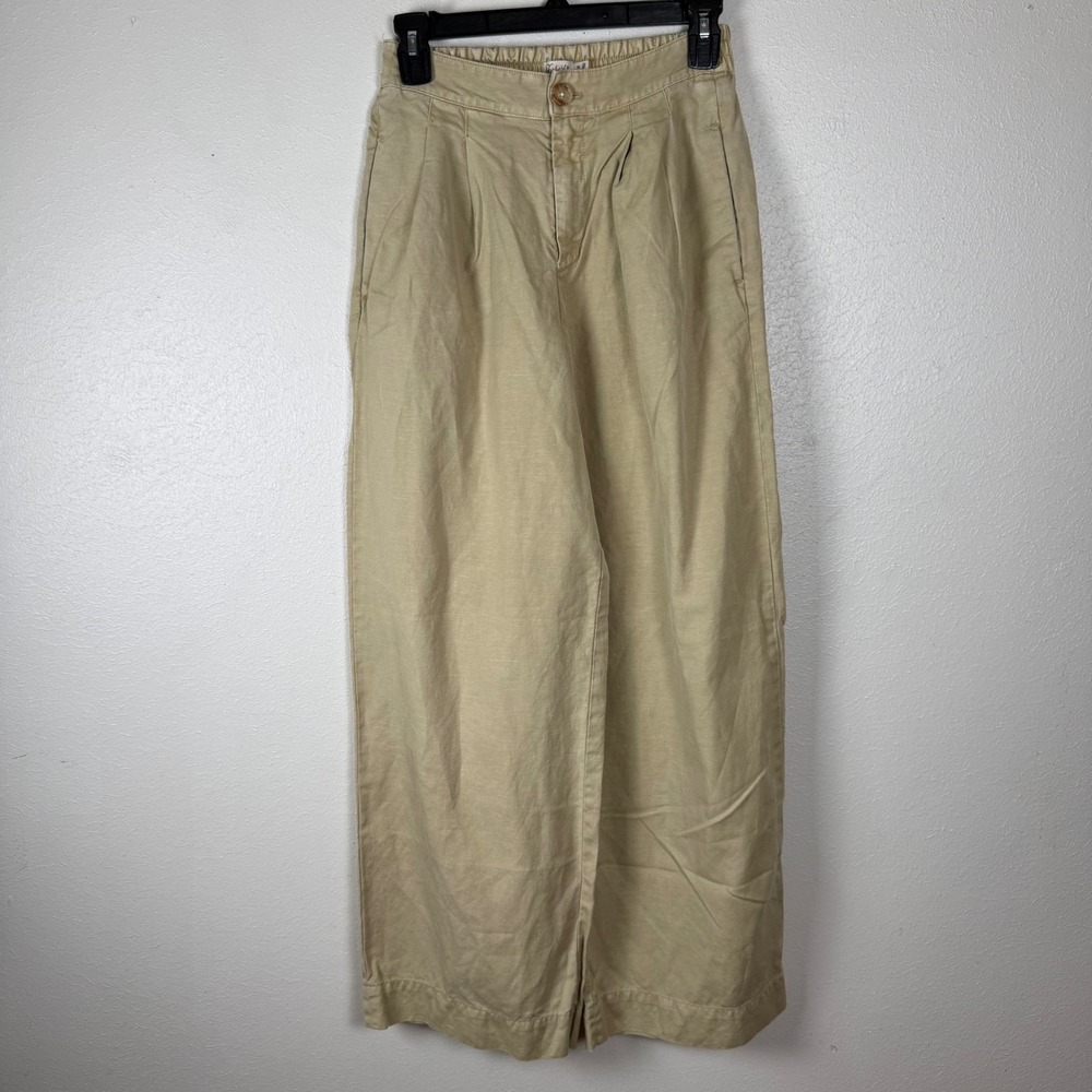 Faherty Womens Organic Cotton Linen Wide Leg‎ Pleated Pants Tan